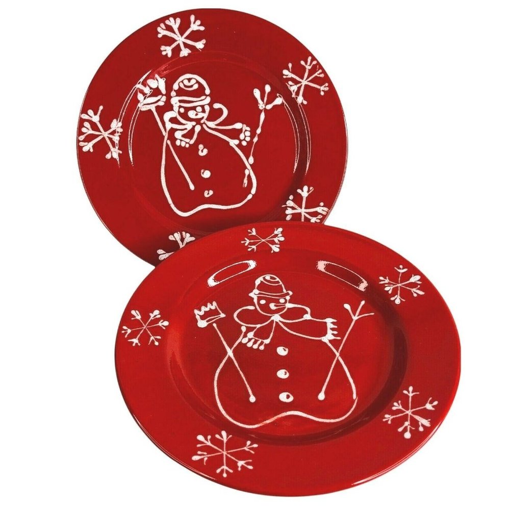 2 La Primula Christmas Snowman Dinner Plates Red & White Made in Italy 10 1/4"